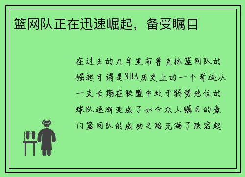 篮网队正在迅速崛起，备受瞩目