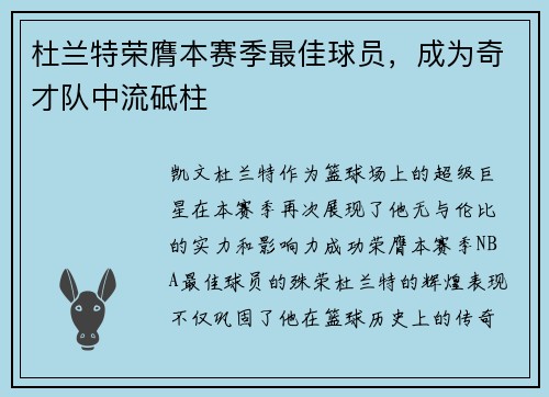 杜兰特荣膺本赛季最佳球员，成为奇才队中流砥柱