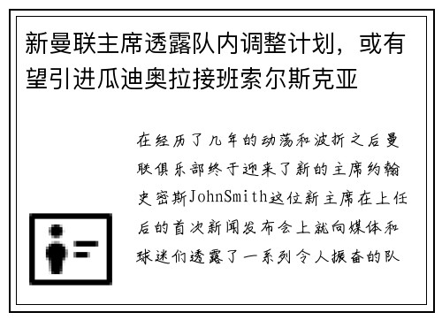 新曼联主席透露队内调整计划，或有望引进瓜迪奥拉接班索尔斯克亚