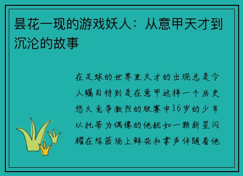 昙花一现的游戏妖人：从意甲天才到沉沦的故事