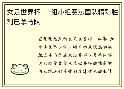女足世界杯：F组小组赛法国队精彩胜利巴拿马队