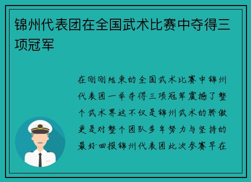 锦州代表团在全国武术比赛中夺得三项冠军