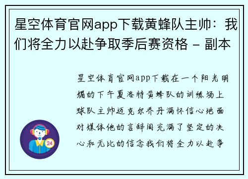 星空体育官网app下载黄蜂队主帅：我们将全力以赴争取季后赛资格 - 副本