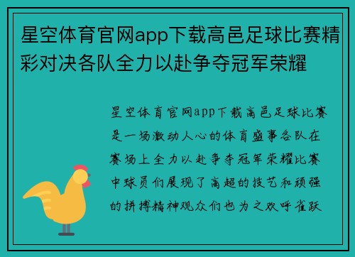星空体育官网app下载高邑足球比赛精彩对决各队全力以赴争夺冠军荣耀