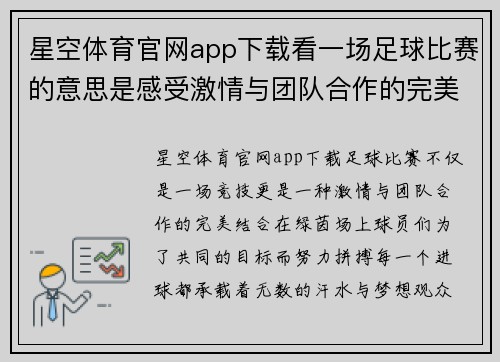 星空体育官网app下载看一场足球比赛的意思是感受激情与团队合作的完美结合，享受每一个进球的瞬间